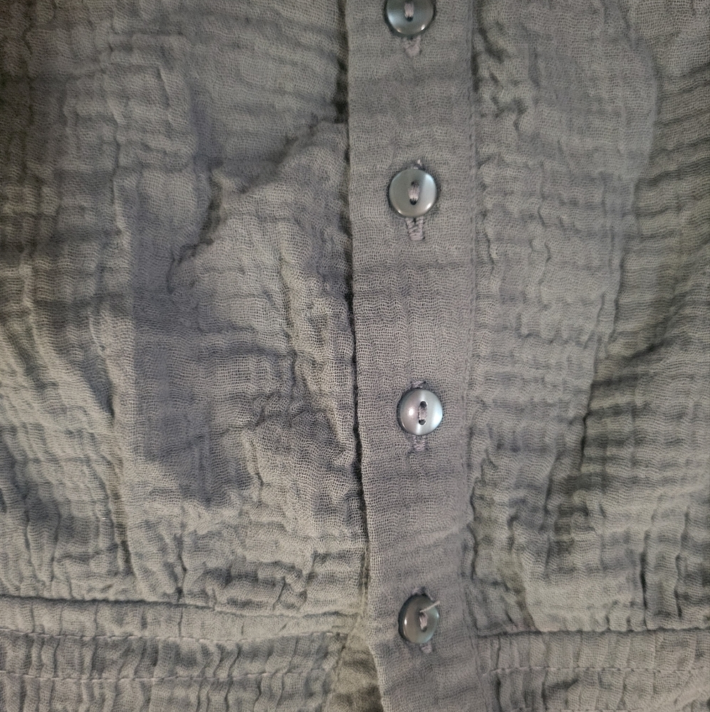 Blue waffle textured, half button up shirt with stand collar